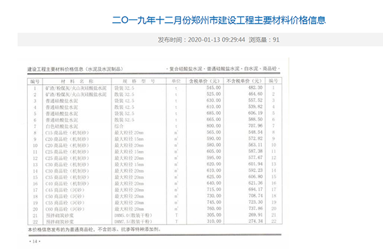 2019年12月份鄭州市商品混凝土基準(zhǔn)信息價(jià)