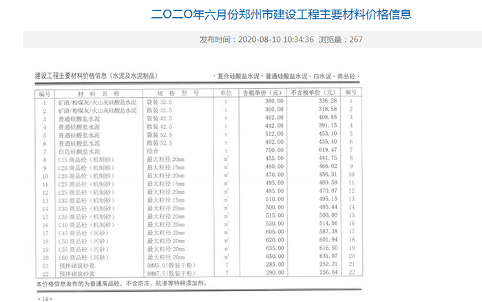 2020年6月份鄭州混凝土信息價(jià)